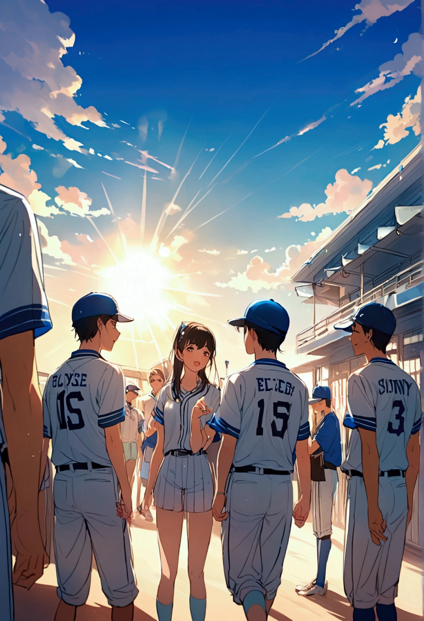 youth.Baseball team,Meeting scene,summer,uniform,sunny,high school,