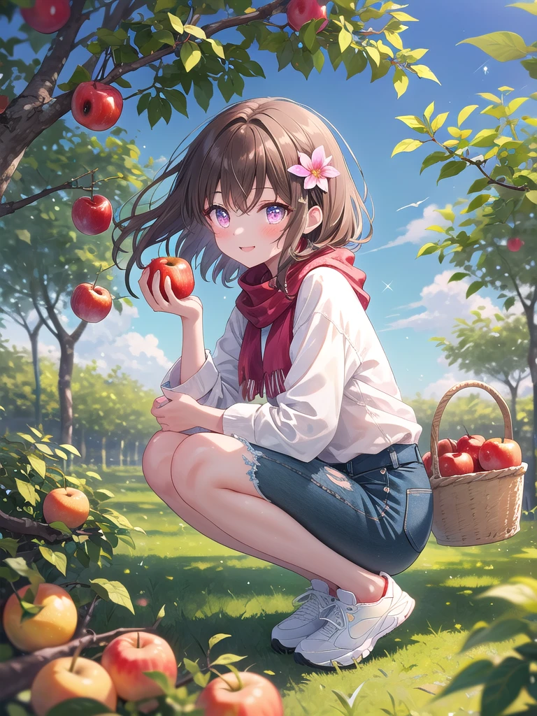 ((8k, best quality, master piece: 1.3)),super high resolution,(1 girl, solo), (colorshift eyes, hyperdetailed, expressive sparkling, glitter, glowing eyes), ultra detailed eyes, ultra-detailed face, random hair, ((pastel color)),A woman picking fruit. The background is a spacious orchard, with lush trees and colorful fruits hanging from the lush leaves. The sky is clear and the soft sunlight envelops the entire orchard, creating a bright and refreshing atmosphere. Grass is growing on the ground of the orchard, and small flowers are blooming here and there.
The woman is dressed casually and easily moved around, and appears to be enjoying fruit picking. She is wearing a white blouse, thin denim shorts, and light sneakers. The sleeves of the blouse are slightly rolled up and a small scarf is tied around her neck. A red handkerchief is visible in the pocket of the shorts, and there are some dirt marks on the sneakers. Her outfit is simple, yet refreshing and bright.
Her shoulder-length brown hair is lightly curled and blowing in the wind. Her hair is decorated with a pretty flower, brightening her face. Her expression is lively, and she is smiling as she picks fruit. Her eyes are sparkling, and we can see that she is enjoying the nature of the orchard.
She is holding a small basket in her hand, which contains some fresh fruit. The basket contains red apples, oranges, yellow lemons, and other colorful fruits, and the action of picking the fruit with one hand is natural and beautiful.
The angle of the shot is a full body shot so that her whole body can be seen. She is slightly crouching in the orchard, reaching out her hand to pick the fruit. The orchard trees and sky are drawn in the background, and her figure in nature is beautifully harmonized.
The details of her outfit, her hair decoration, and the fruit in the basket are depicted in detail, realistically expressing a fun time in the orchard. Her movements, facial expressions and the natural background are blende
