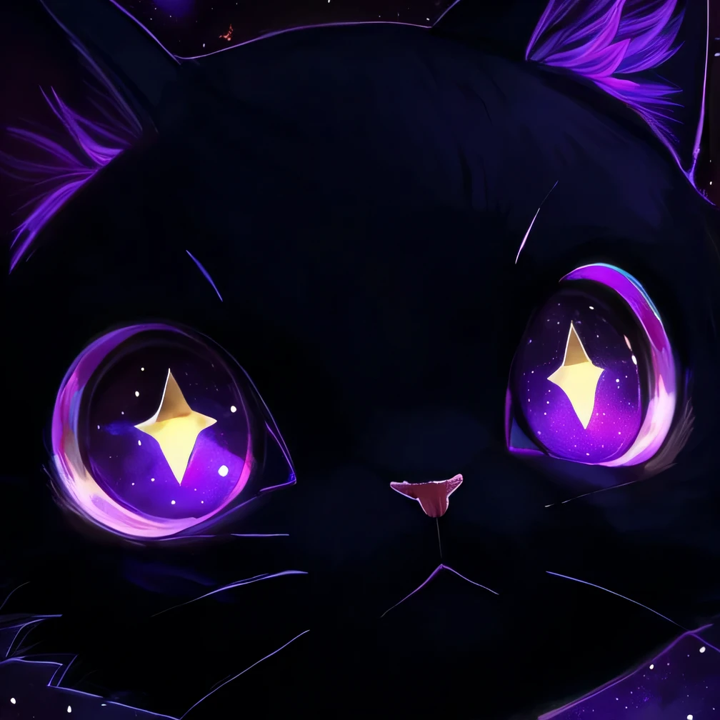 there is a cat's eyes with yellow and purple Glowing eyes, Fantasy Animals Cute Eyes, with Glowing eyes, magical Glowing eyes, purple Glowing eyes, Cat from the void, There are stars in her gaze, Glowing magic eyes, With sparkling purple eyes, Purple Cat, very Glowing eyes, Space Cat, Glowing eyes, Stars are like eyes, brightly Glowing eyes, Cat in space