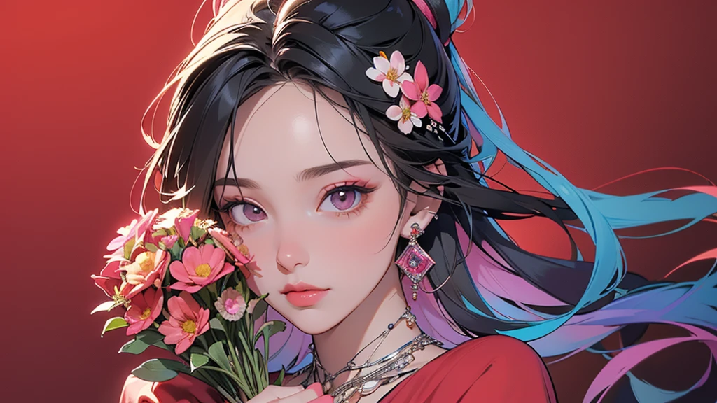 32K, 最高quality, 最高masterpiece, (ultra-Detailed Background, Detailed Background), High resolution, Super detailed, Very detailedな, One girl, (bouquet:1.3), (Tangled:1.2), (Geometric:1.2),(colorful),(masterpiece, quality, best quality, Official Art, Beautiful and beautiful:1.2), (1 girl:1.3), Very detailed,(colorful:1.1)(Flowers:1.3),Most detailed,(Tangled:1.2), whole body, (Abstract background:1.3), (Skin glows), (Many colors:1.4), ,(Earrings Jewelry:1.5), Pale Red Background,