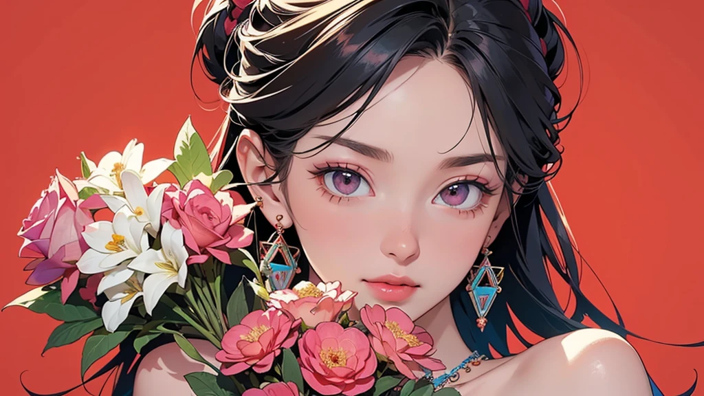 32K, 最高quality, 最高masterpiece, (ultra-Detailed Background, Detailed Background), High resolution, Super detailed, Very detailedな, One girl, (bouquet:1.3), (Tangled:1.2), (Geometric:1.2),(colorful),(masterpiece, quality, best quality, Official Art, Beautiful and beautiful:1.2), (1 girl:1.3), Very detailed,(colorful:1.1)(Flowers:1.3),Most detailed,(Tangled:1.2), whole body, (Abstract background:1.3), (Skin glows), (Many colors:1.4), ,(Earrings Jewelry:1.5), Pale Red Background,