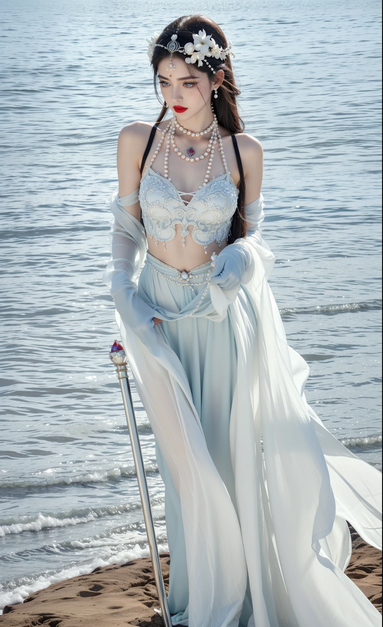 Royal princess,Extremely detailed, Delicate face, Stock Photography , Portrait 400, F1 Camera Lens.6, rich and colorful, Surrealism, Realistic textures, Dramatic Lighting, Thin Film Distiller 800 (8K, original photo, Better quality, masterpiece: 1.2), Extremely detailed, (Extremely delicate skin: 1.2), 8K ultra high definition, SLR camera, Soft Light, high quality.Fire Queen,Blue pupils,Wear red lipstick,Have a tattoo,The tattoo is very three-dimensional,Gorgeous and intricate tattoo designs,Dark eyeshadow,Sexy thick lips(Red lipstick),Gorgeous pearl and gemstone decoration,Ice Crystal Staff,wear a skirt,On the lake