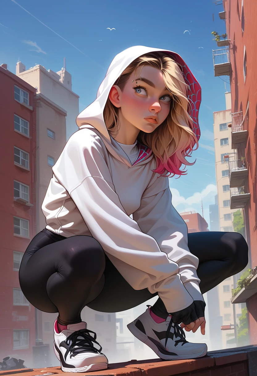 1girl, 18 years old, gwen stacy, small breasts,bigger hips, big ass, gray eyes, blondie hair, long hair, detailing face, detailing body, athletic body, white long hoodie, oversized hoodie, black yoga pants, white sneakers, spider gwen masked, fingerings gloves, front view, squat, look ahead, roof, new york, night