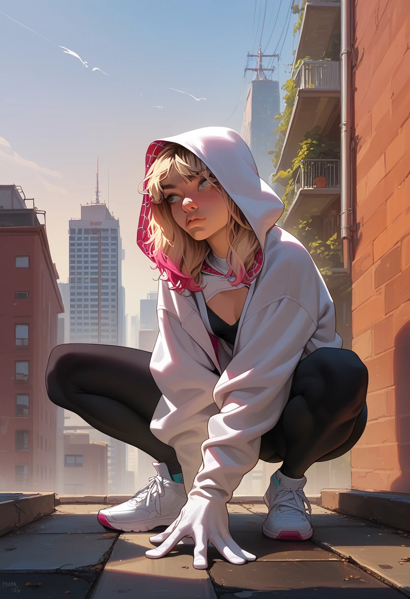 1girl, 18 years old, gwen stacy, small breasts,bigger hips, big ass, gray eyes, blondie hair, long hair, detailing face, detailing body, athletic body, white long hoodie, oversized hoodie, black yoga pants, white sneakers, spider gwen masked, fingerings gloves, front view, squat, look ahead, roof, new york, night