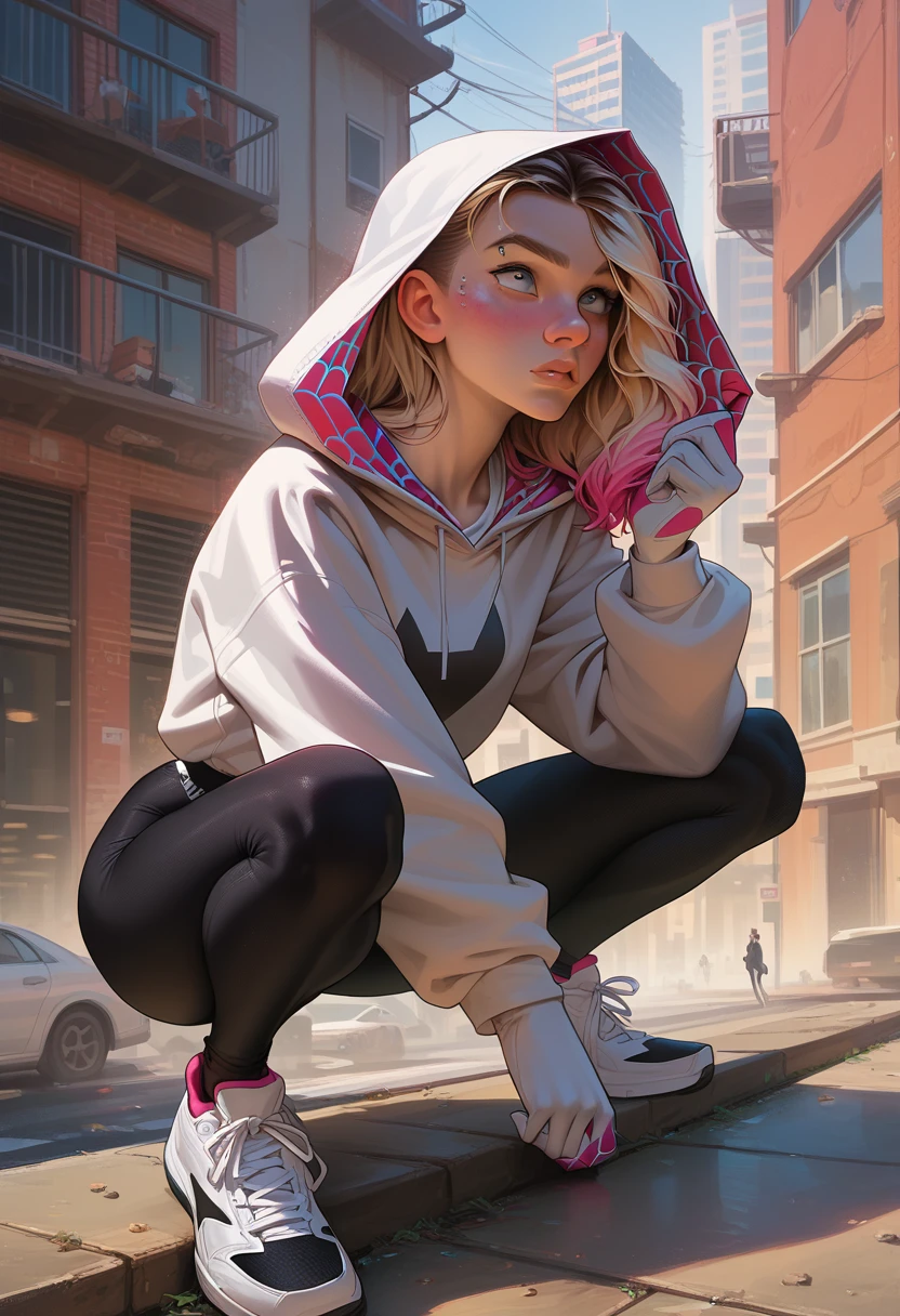 1girl, 18 years old, gwen stacy, small breasts,bigger hips, big ass, gray eyes, blondie hair, long hair, detailing face, detailing body, athletic body, white long hoodie, oversized hoodie, black yoga pants, white sneakers, spider gwen masked, fingerings gloves, front view, squat, look ahead, roof, new york, night