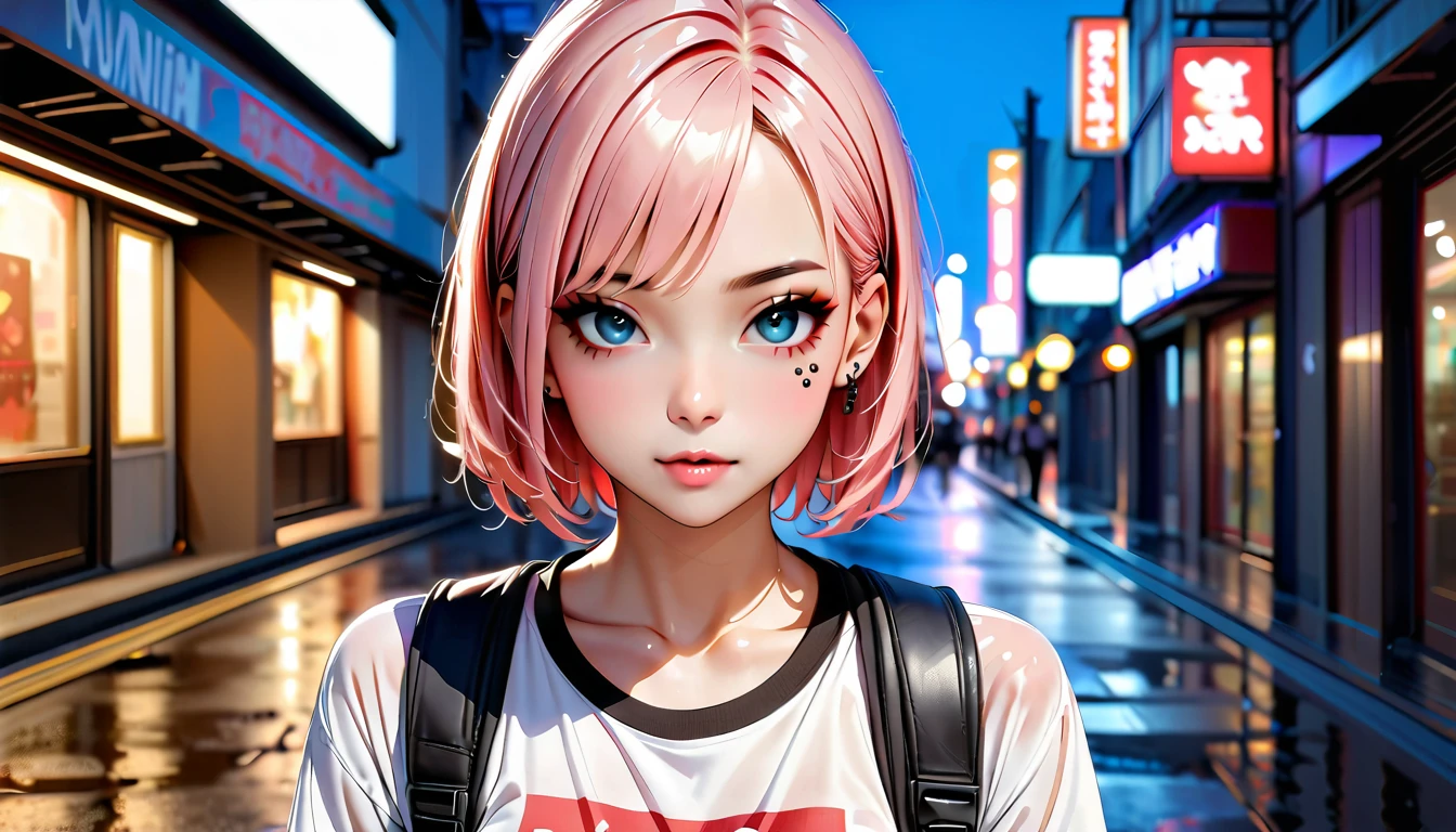 (Highest quality、8k、32K、masterpiece、Hmph:1.3)、(Photorealistic:1.4),(Shoot from the front,View Viewer 1.5)、18-year-old punk girl,Unusual short punk hair,(Multiple facial piercings 1.5)、((Black and shocking red punk fashion 1.5)),Clothes with studs、Black backpack on the back、(A person with bright black and pink hair.5),Wacky makeup、、Dark Background、A desolate town soaked in rain、Puddles on the road、(Cinema Lighting)、Written boundary depth,Blurred Background、