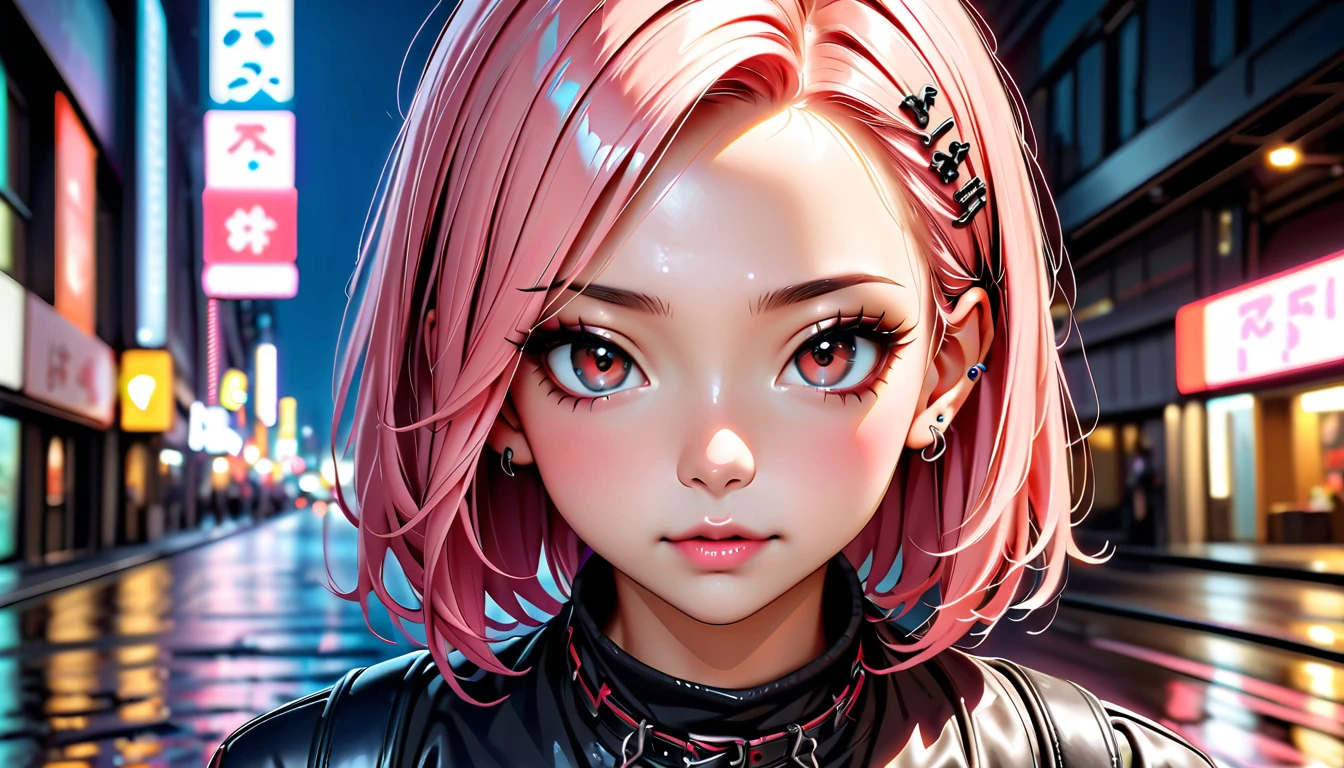 (Highest quality、8k、32K、masterpiece、Hmph:1.3)、(Photorealistic:1.4),(Shoot from the front,View Viewer 1.5)、18-year-old punk girl,Unusual short punk hair,(Multiple facial piercings 1.5)、((Black and shocking red punk fashion 1.5)),Clothes with studs、Black backpack on the back、(A person with bright black and pink hair.5),Wacky makeup、、Dark Background、A desolate town soaked in rain、Puddles on the road、(Cinema Lighting)、Written boundary depth,Blurred Background、