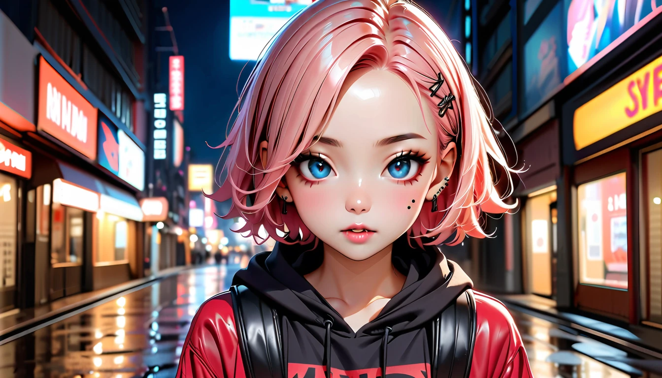 (Highest quality、8k、32K、masterpiece、Hmph:1.3)、(Photorealistic:1.4),(Shoot from the front,View Viewer 1.5)、18-year-old punk girl,Unusual short punk hair,(Multiple facial piercings 1.5)、((Black and shocking red punk fashion 1.5)),Clothes with studs、Black backpack on the back、(A person with bright black and pink hair.5),Wacky makeup、、Dark Background、A desolate town soaked in rain、Puddles on the road、(Cinema Lighting)、Written boundary depth,Blurred Background、