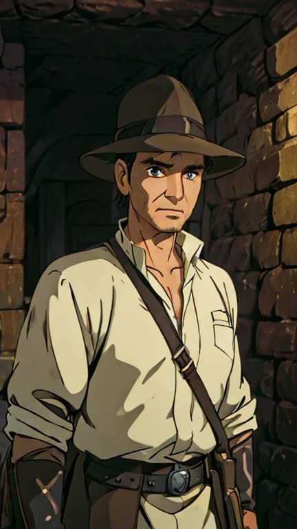 (a man as Indiana Jones), (extremely detailed CG unit 8k wallpaper),(master part), (best quality), (ultra detail), (best illustration),(ghibli style), cowboy shot,(Sharp eyeliner, ombre, detailed eyes:1),Dark Medieval Dungeon interiors background,break,upper body,short hair,black hair