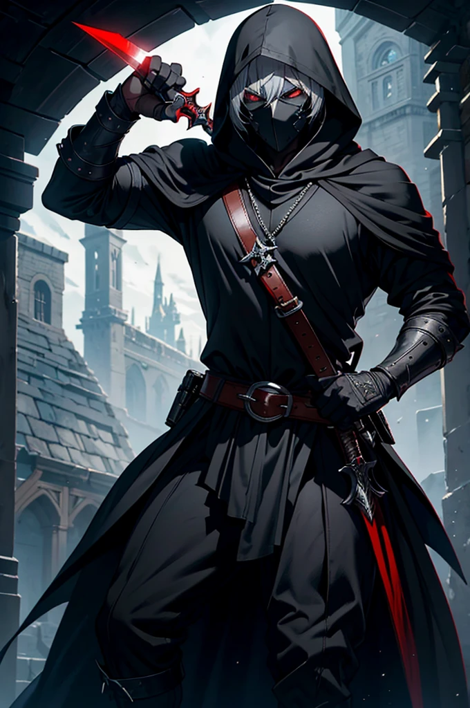 An assassin, male, fantasy character, physically strong, wearing a skull mask covering his face and eyes, dressed in black medieval attire, with a white hooded cloak over it, gray hair, short hair, red eyes, holding a dagger, nighttime background.