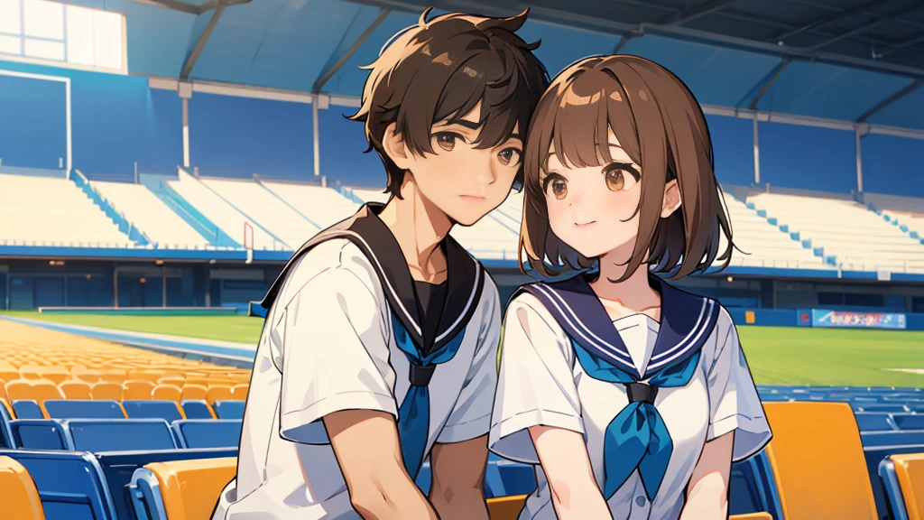 The background is the seats at an outdoor baseball stadium in midsummer.、Upper body of a duo of a man and a woman wearing summer sailor uniforms２shot。The first person is a woman who is short, , cute, has light brown hair, and straight bangs.。The second man is tall with short black hair.。Both of them are smiling and looking this way, making cute poses.。There is a height difference between men and women, with men being taller。