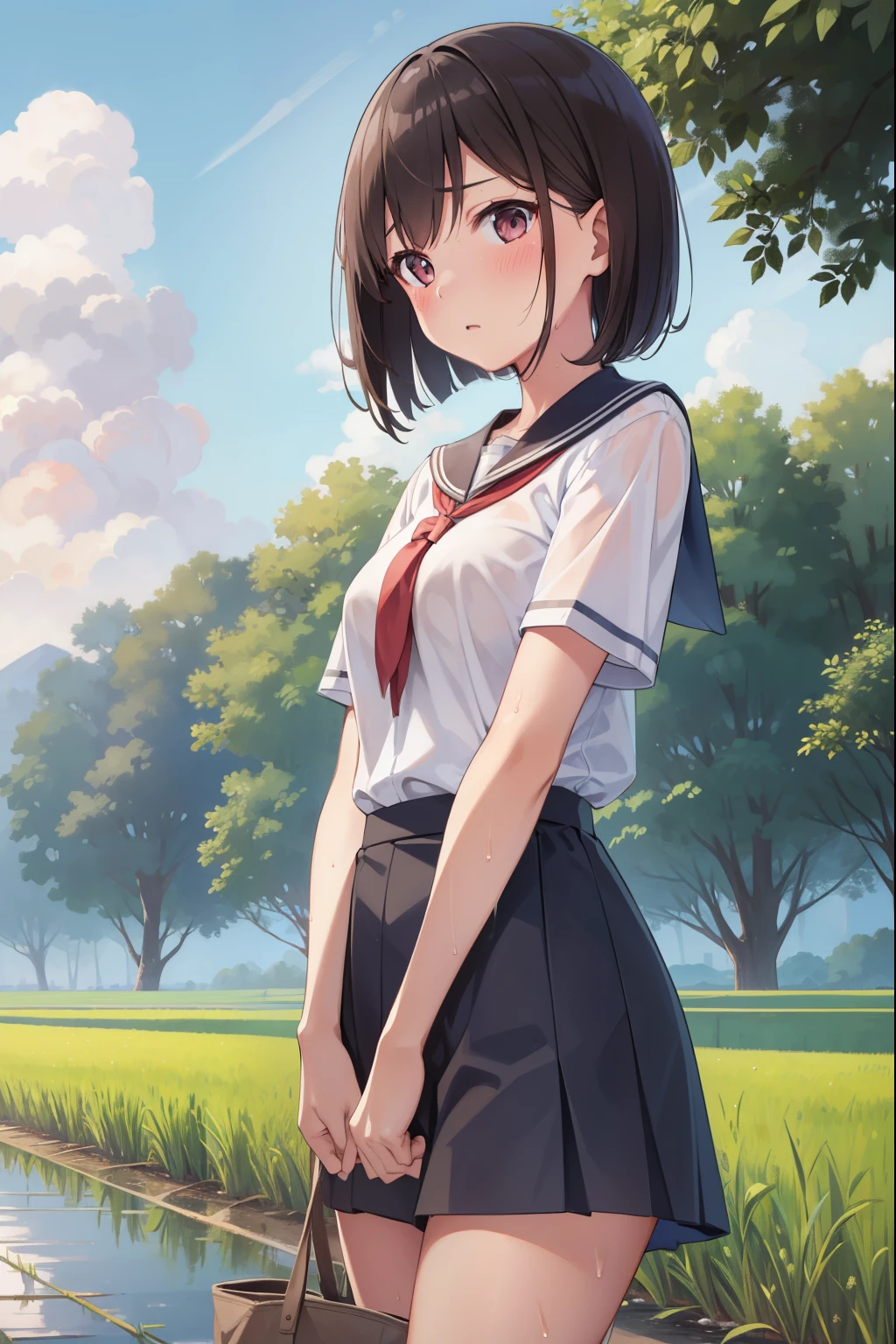 countryside,Rice Field,Standing on the road,high school girl,1 girl,Shortcuts,Bob Hair,Brown Hair,Summer uniform,thin,blush,Large Breasts,mini skirt,Sweaty,Wet,Carry a bag,Please open your mouth,sun,From below,
