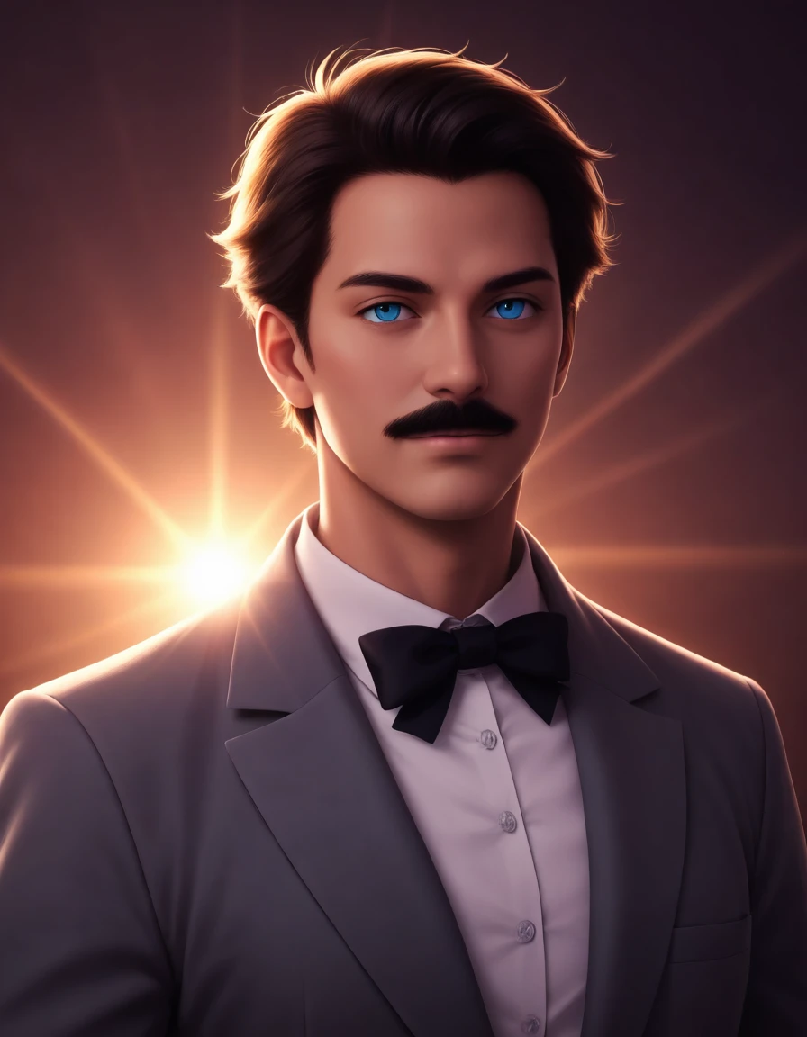 1man, mature male, parted bangs, medium-short hair, brown hair, muscular male celeb, short goatee, short mustache, indigo eyes, gentleman, elegant netori male, dark iris, ideal ratio body proportions, beautiful detailed eyes, BREAK solo, white collared shirt, gray trench coat, black neck ribbon, dandy posing, BREAK upperwaist, character image shot, in isekai style, 2010s, anime concept art, cinematic shadows, cinematic lighting, lens flare, light leaks, extreme all detailed, masterpiece, best quality, BREAK score_9, score_8_up, score_7_up, source_anime, score_6_up, score_5_up, score_4_up