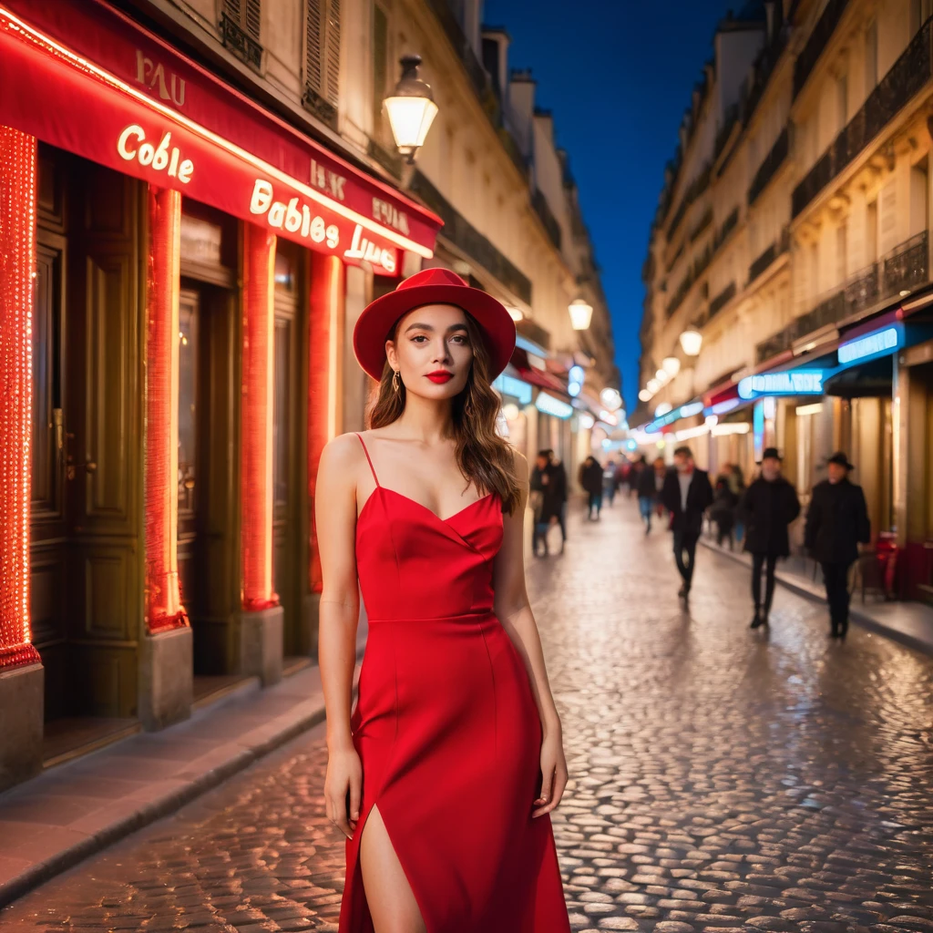 A stylish young woman in a red dress and matching hat poses confidently on a Parisian side street at night, bathed in the warm glow of neon lights. The cobblestone