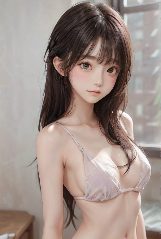 A girl, Solitary, Viewer, Purple long hair,Bangs, Braids and long hair  ,bun ,hair accessories, Wear a tight bellyband, Naked back see-through bellyband, big nipples,Brown eyes, Upper body photo, Gray background, ,Delicate face, purebred face_v1, Beautiful lips, King Reuters