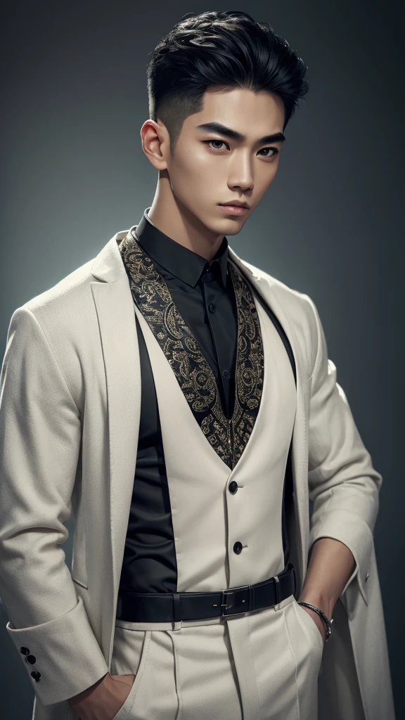 (masterpiece:1.21),(bestquality:1.21),8k,high detailed,ultra-detailed,photography,award winning,documentary,realistic,crystal clear,8K UHD,high detail,ultra-realistic,1boy,solo,male focus,slim asian male,tall,thin,black eyes,solid eyes,thick eyebrows,Real Skin Texture,Textured Male Haircut,(wearing fashion male clothing:1.44),portrait,Gloom,