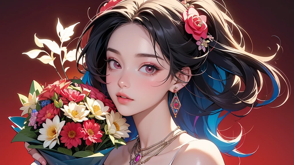 32K, 最高quality, 最高masterpiece, (ultra-Detailed Background, Detailed Background), High resolution, Super detailed, Very detailedな, One girl, (bouquet:1.3), (Tangled:1.2), (Geometric:1.2),(colorful),(masterpiece, quality, best quality, Official Art, Beautiful and beautiful:1.2), (1 girl:1.3), Very detailed,(colorful:1.1)(Flowers:1.3),Most detailed,(Tangled:1.2), whole body, (Abstract background:1.3), (Skin glows), (Many colors:1.4), ,(Earrings Jewelry:1.5), Pale Red Background,
