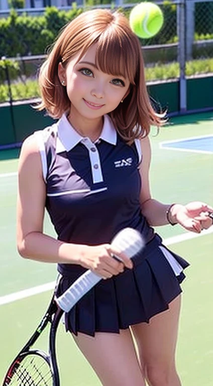 ((Tennis Wear、Tennis Costumes、Tennis uniform、Sleeveless Polo Shirt、Pleated mini skirt with slit))、1 girl、Bob Hair、Brown Hair、Medium breast、smile、masterpiece:1.3、Raw photo、Highest quality、Tennis court、Detailed Background、Anatomically correct arms and legs、Anatomically correct fingers、