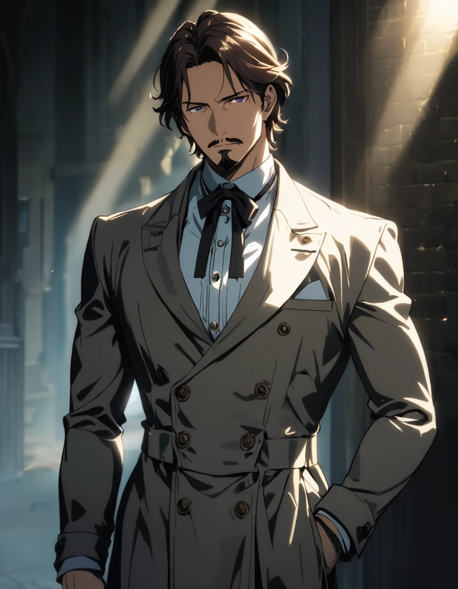 1man, mature male, parted bangs, medium-short hair, brown hair, muscular male celeb, short goatee, short mustache, indigo eyes, gentleman, elegant netori male, dark iris, ideal ratio body proportions, beautiful detailed eyes, BREAK solo, white collared shirt, gray trench coat, black neck ribbon, dandy posing, BREAK upperwaist, character image shot, in isekai style, 2010s, anime concept art, cinematic shadows, cinematic lighting, lens flare, light leaks, extreme all detailed, masterpiece, best quality