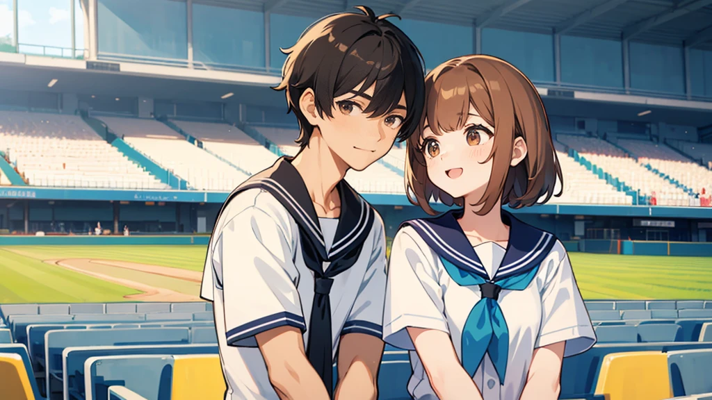 The background is the seats at an outdoor baseball stadium in midsummer.、Upper body of a duo of a man and a woman wearing summer sailor uniforms2shot。The first person is a woman who is short, , cute, has light brown hair, and straight bangs.。The second man is tall with short black hair.。Both of them are smiling and looking this way, making cute poses.。There is a height difference between men and women, with men being taller。