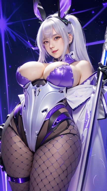 girl with a sword and bunny ears in a purple outfit, knights of zodiac girl, biomechanical oppai, portrait knights of zodiac girl, ahegao, oppai, scales covering her chest, ayaka genshin impact, oppai cyberpunk, white haired deity, seductive girl, best  4k konachan wallpaper, thicc