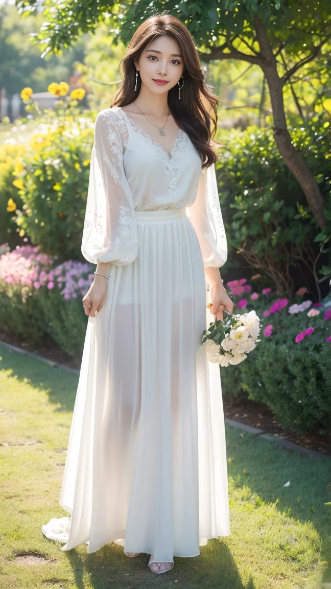 (Highest quality、 8k 、masterpiece、High resolution)、wallpaper、Young Woman、Ample breasts、Beautiful clavicle、Slender beauty、(Brown hair medium、My hair is blowing in the wind、Flows backwards)、Full Body Shot、 (Beautiful Face,Beautiful Eyes,Beautiful nose,Pretty lips)、(Flower Earrings、silver heart pendant necklace)、(Feminine Style、3/4 Sleeve Lace Blouse、See-through long skirt)、Her mouth opens slightly and a smile appears.、Dynamic pose、Outdoor、garden、Colorful flowers、looking at the camera、Professional Lighting、Professional photographer、