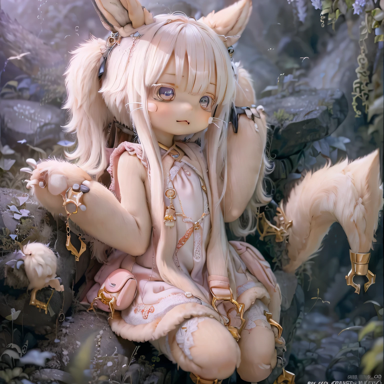 in the garden, Smiling girl, Similar to Nanachi from Made in Abyss. She is beautiful, Beautiful eyes and lips. girl (((Chibi Style,))) . Image quality is excellent, Highly detailed and realistic features. The medium of this work is、Combining illustration and photorealistic rendering.. The colors are vivid、The lighting creates a warm and bright atmosphere。 whole body(((((Cute pink dress)))))Contrasting cute poses