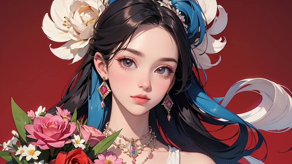 32K, 最高quality, 最高masterpiece, (ultra-Detailed Background, Detailed Background), High resolution, Super detailed, Very detailedな, One girl, (bouquet:1.3), (Tangled:1.2), (Geometric:1.2),(colorful),(masterpiece, quality, best quality, Official Art, Beautiful and beautiful:1.2), (1 girl:1.3), Very detailed,(colorful:1.1)(Flowers:1.3),Most detailed,(Tangled:1.2), whole body, (Abstract background:1.3), (Skin glows), (Many colors:1.4), ,(Earrings Jewelry:1.5), Pale Red Background,