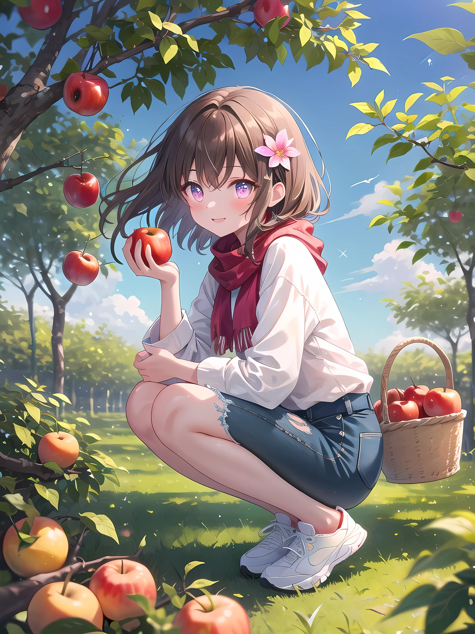 ((8k, best quality, master piece: 1.3)),super high resolution,(1 girl, solo), (colorshift eyes, hyperdetailed, expressive sparkling, glitter, glowing eyes), ultra detailed eyes, ultra-detailed face, random hair, ((pastel color)),A woman picking fruit. The background is a spacious orchard, with lush trees and colorful fruits hanging from the lush leaves. The sky is clear and the soft sunlight envelops the entire orchard, creating a bright and refreshing atmosphere. Grass is growing on the ground of the orchard, and small flowers are blooming here and there.

The woman is dressed casually and easily moved around, and appears to be enjoying fruit picking. She is wearing a white blouse, thin denim shorts, and light sneakers. The sleeves of the blouse are slightly rolled up and a small scarf is tied around her neck. A red handkerchief is visible in the pocket of the shorts, and there are some dirt marks on the sneakers. Her outfit is simple, yet refreshing and bright.

Her shoulder-length brown hair is lightly curled and blowing in the wind. Her hair is decorated with a pretty flower, brightening her face. Her expression is lively, and she is smiling as she picks fruit. Her eyes are sparkling, and we can see that she is enjoying the nature of the orchard.

She is holding a small basket in her hand, which contains some fresh fruit. The basket contains red apples, oranges, yellow lemons, and other colorful fruits, and the action of picking the fruit with one hand is natural and beautiful.

The angle of the shot is a full body shot so that her whole body can be seen. She is slightly crouching in the orchard, reaching out her hand to pick the fruit. The orchard trees and sky are drawn in the background, and her figure in nature is beautifully harmonized.

The details of her outfit, her hair decoration, and the fruit in the basket are depicted in detail, realistically expressing a fun time in the orchard. Her movements, facial expressions and the natural background are blende