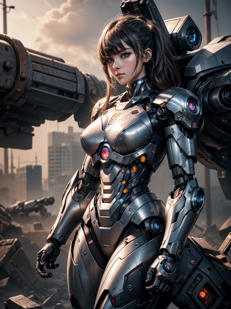 rough skin, Super detailed, advanced details, high quality, 最high quality, High resolution, 1080P, hard disk, beautiful,(War Machine),Beautiful cyborg woman,Mecha cyborg girl,battle mode,Mecha body girl,She's wearing a futuristic War Machine mech,full body shot