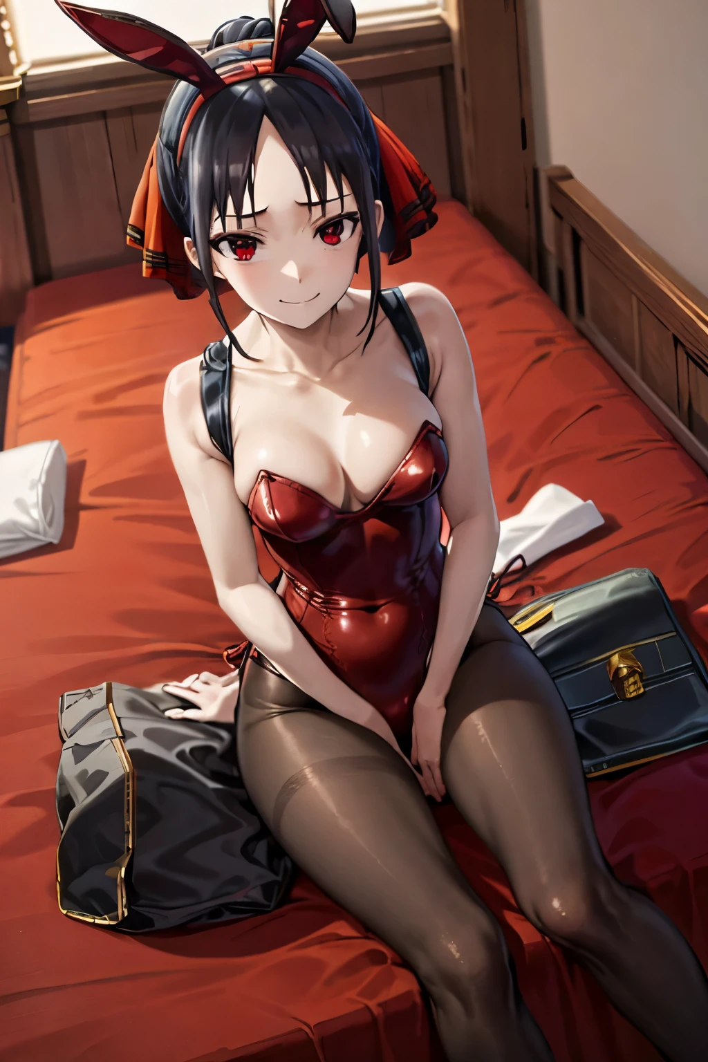 1girl,alone,kaguya shinomiya,best quality (masterpiece: 1.2),detailed,closed mouth,light smile, black hair, red eyes, red playboy bunny outfit, red headband, bunny ears, black pantyhose, room, bedroom, sitting on bed, legs open, good lighting, night, dark, short hair, folded ponytail, ribbon for hair, red ribbon, medium breasts, medium waist, wide hips, medium thighs, round butt, facing the viewer, pov (from above), (( body complete)), perfect anatomy, perfect hands