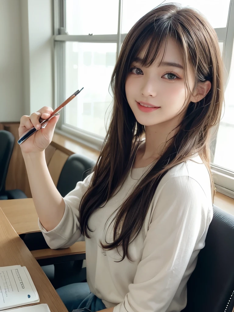 ((masterpiece: 1.3),8k, Realistic, RAW Photos, Highest quality: 1.4),whole body、 (One Girl), beautiful顔, (Realistic Face), (Brown long hair: 1.3), bangs,  Perfect dynamic composition,(High quality with attention to detail, Realistic depiction of eyes:1.3)、(((University、lecture room、During class、Sitting、Writing in a notebook、Neat clothes)))、 profile、２１talent、beauty、Well-formed face、Even out the eyes、Banditium Build、Balanced ratio、beautiful足、Fresh face、beautiful景色、beautifulヘアスタイル, (bangs), (smile), smile, Realistic eyes, Gloss, highlight, highlight in the Eyes, eyelash, 目の中のbeautifulディテール, (Realistic Skin), Shooting from the air、beautiful肌, Transparency、(beautiful)、 smile, teeth, Confused, charm, 超High resolution, Ultra-realistic, High resolution, Golden Ratio, clear eyes, Wet, Looking into the camera, ear, Shine, Long neck, double eyelid, Thin eyebrows、Big eyes, cheek, kind character, charm personality, kind, 圧倒的なcharm, bright personality