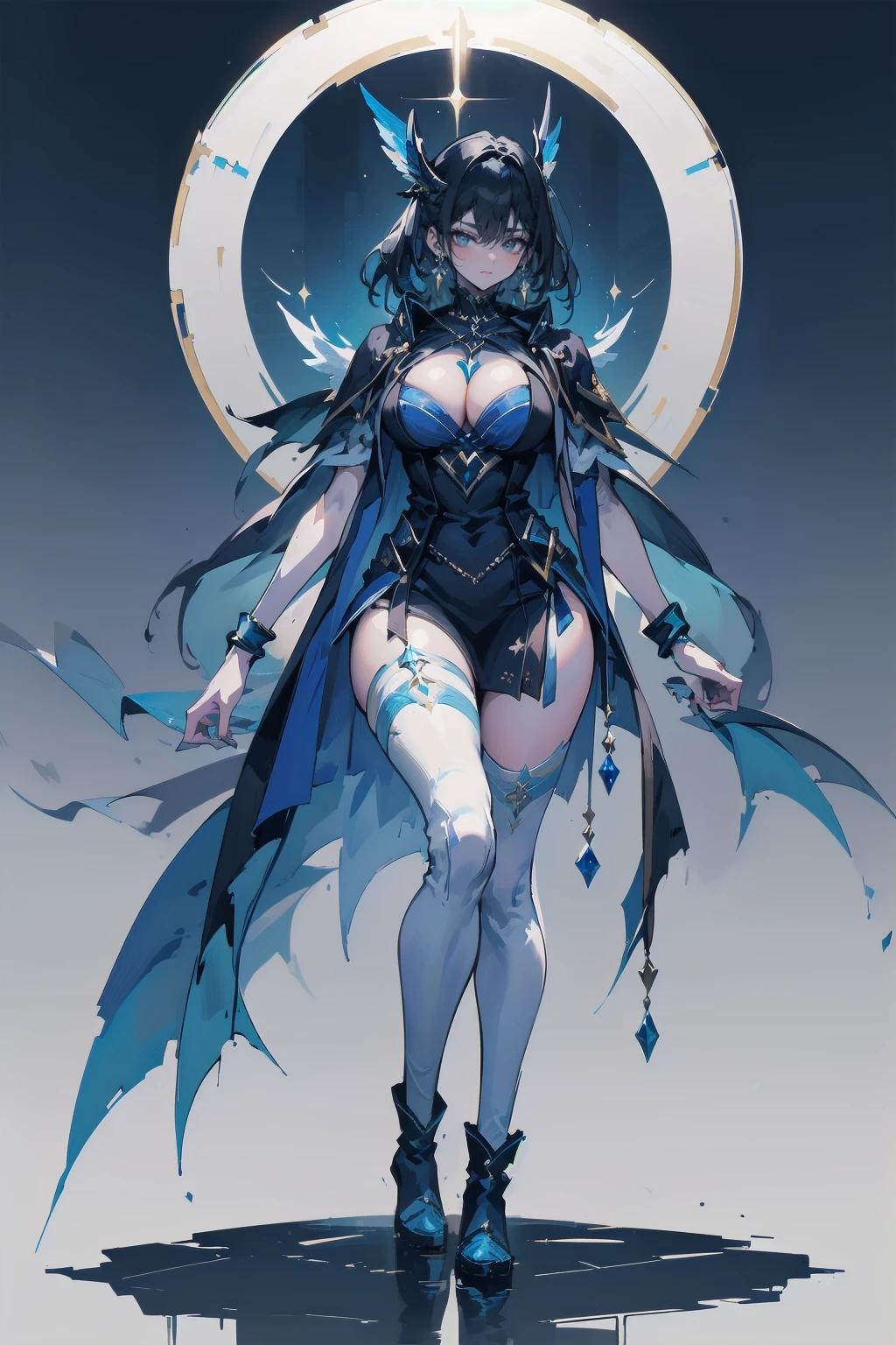 One young and beautiful woman,(Highest quality,Extremely detailed depiction,Incredible high resolution,Anatomically accurate depiction,Curvy Legs),(Glowing Skin,Glowing Skin),(A female swordsman with a noble aura),(Blue Armor,Blue Boots,Metal embroidery,Transparent gemstones and precious metals decoration,Exquisite armor detailing,Holy sword,Valkyrie Helmet,Cape,White tights),(blue eyes,Half-closed eyes:1.3,Shadowed face,lipstick,There is cleavage in the chest,Cool look),eyelash,Luxury Accessories,Earrings,necklace,bracelet,Standing posture