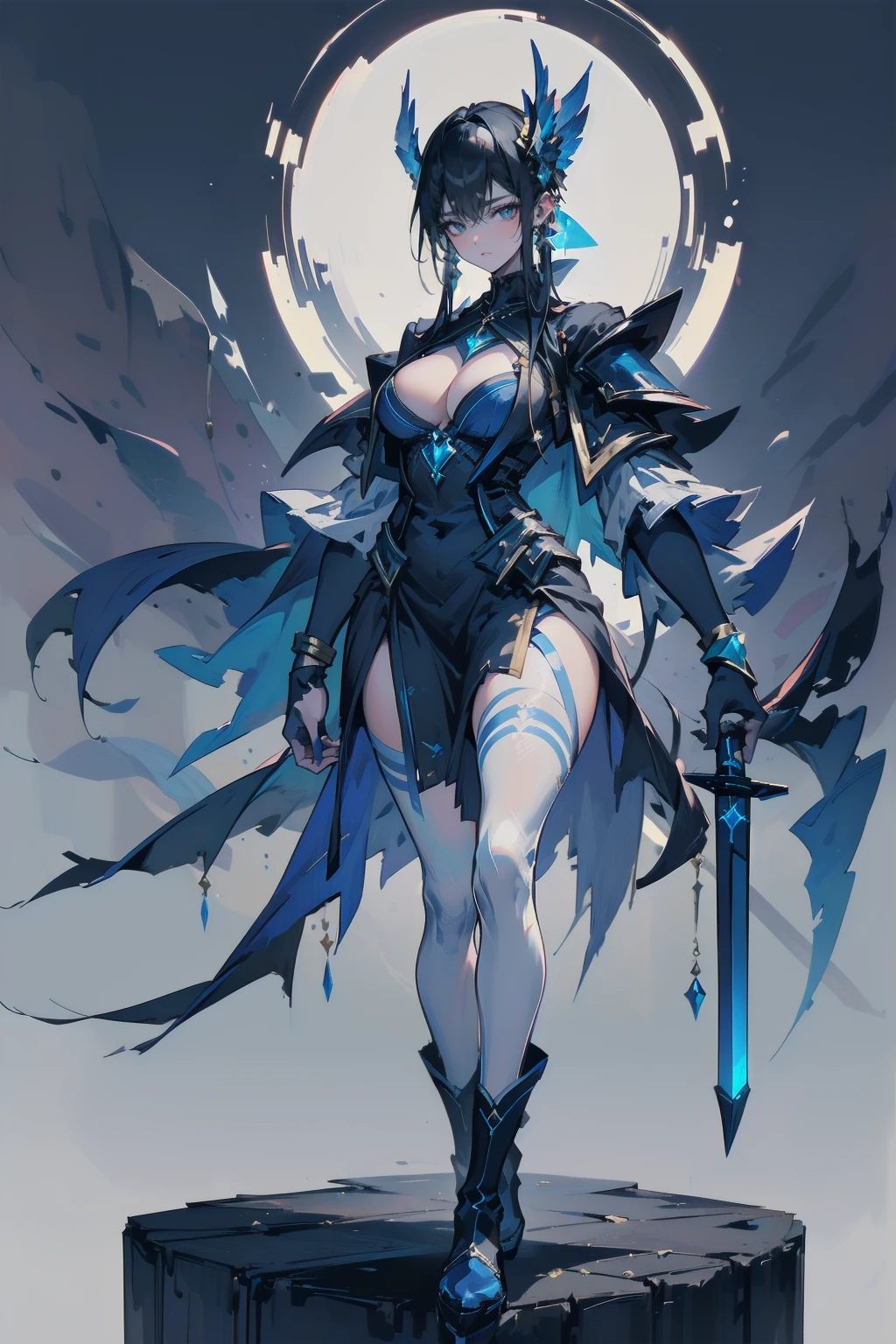 One young and beautiful woman,(Highest quality,Extremely detailed depiction,Incredible high resolution,Anatomically accurate depiction,Curvy Legs),(Glowing Skin,Glowing Skin),(A female swordsman with a noble aura),(Blue Armor,Blue Boots,Metal embroidery,Transparent gemstones and precious metals decoration,Exquisite armor detailing,Holy sword,Valkyrie Helmet,Cape,White tights),(blue eyes,Half-closed eyes:1.3,Shadowed face,lipstick,There is cleavage in the chest,Cool look),eyelash,Luxury Accessories,Earrings,necklace,bracelet,Standing posture