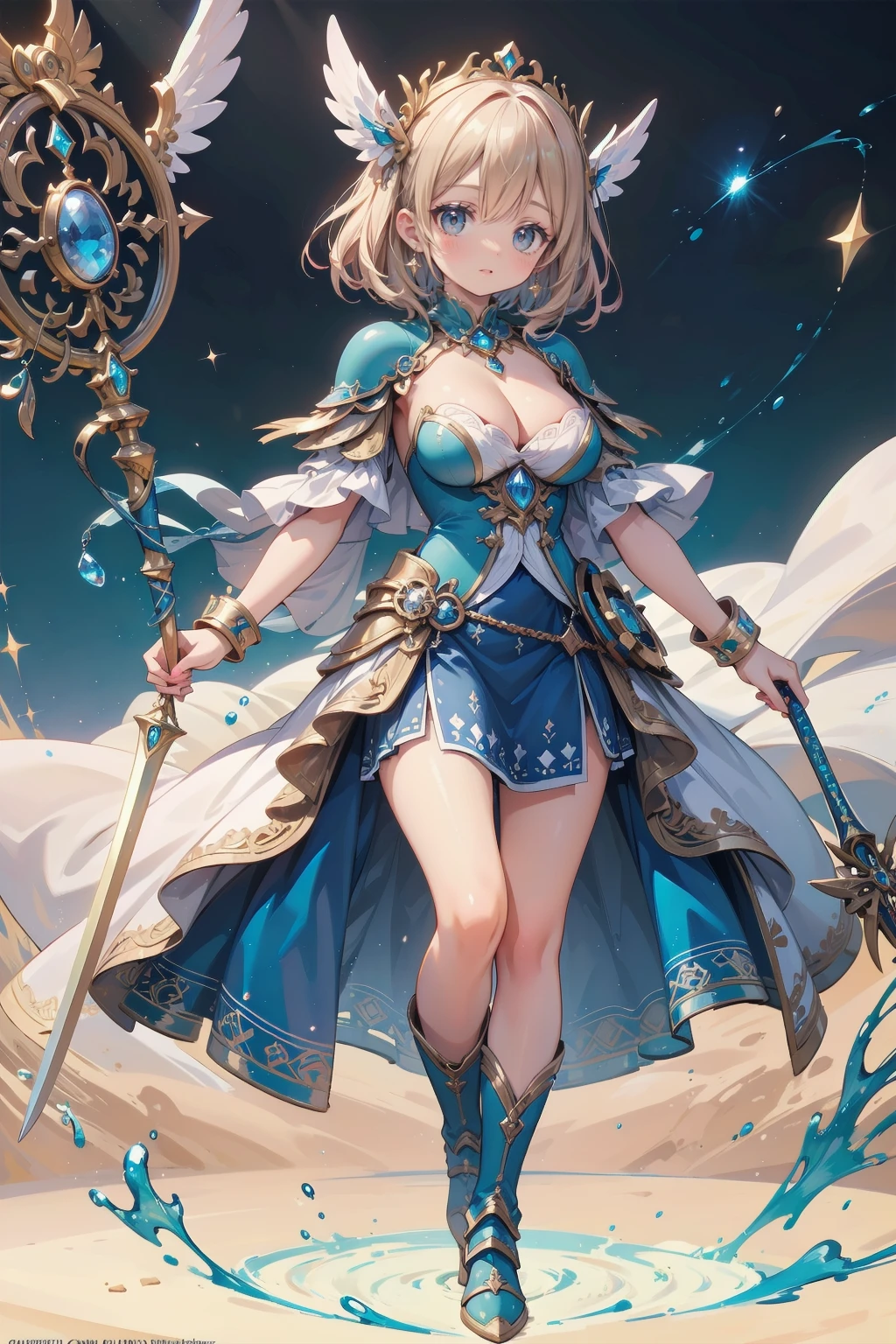 One young and beautiful woman,(Highest quality,Extremely detailed depiction,Incredible high resolution,Anatomically accurate depiction,Curvy Legs),(Glowing Skin,Glowing Skin),(A female swordsman with a noble aura),(Blue Armor,Blue Boots,Metal embroidery,Transparent gemstones and precious metals decoration,Exquisite armor detailing,Holy sword,Valkyrie Helmet,Cape,White tights),(blue eyes,Half-closed eyes:1.3,Shadowed face,lipstick,There is cleavage in the chest,Cool look),eyelash,Luxury Accessories,Earrings,necklace,bracelet,Standing posture