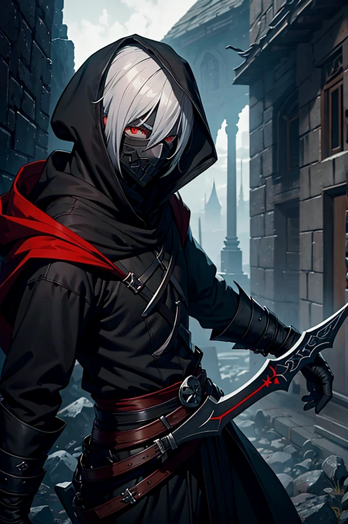 An assassin, male, fantasy character, physically strong, wearing a skull mask covering his face and eyes, dressed in black medieval attire, with a white hooded cloak over it, gray hair, short hair, red eyes, holding a dagger, nighttime background.