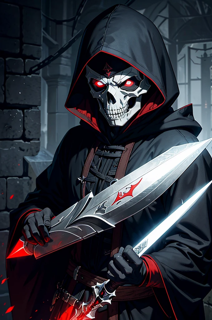 An assassin, male, fantasy character, physically strong, wearing a skull mask covering his face and eyes, dressed in black medieval attire, with a white hooded cloak over it, gray hair, short hair, red eyes, holding a dagger, nighttime background.