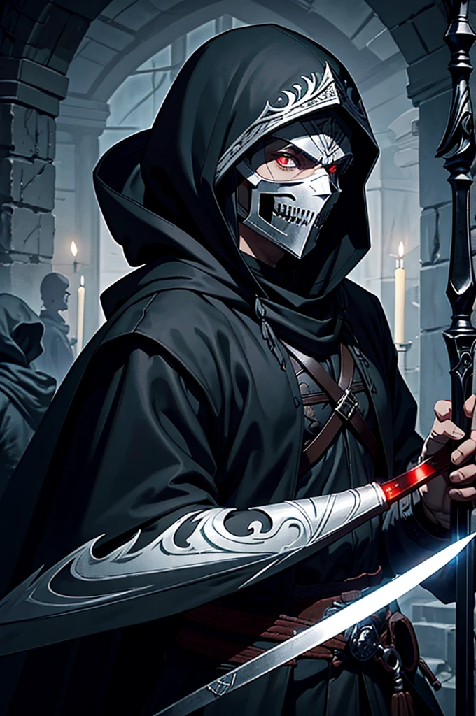 An assassin, male, fantasy character, physically strong, wearing a skull mask covering his face and eyes, dressed in black medieval attire, with a white hooded cloak over it, gray hair, short hair, red eyes, holding a dagger, nighttime background.