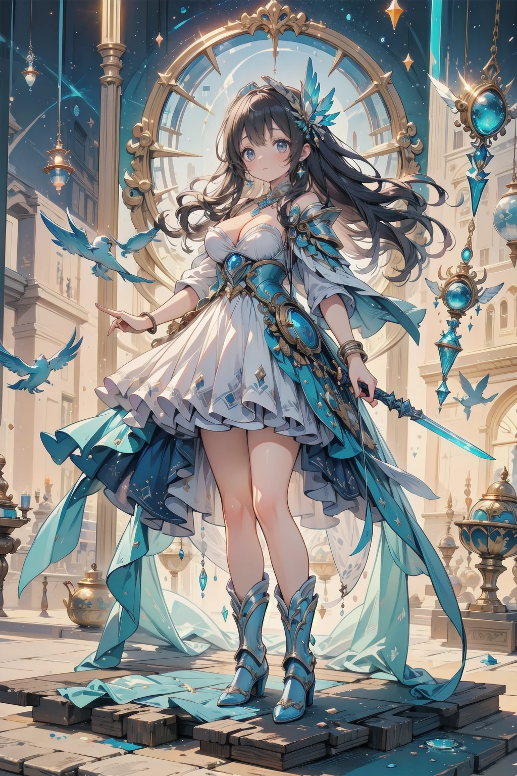 One young and beautiful woman,(Highest quality,Extremely detailed depiction,Incredible high resolution,Anatomically accurate depiction,Curvy Legs),(Glowing Skin,Glowing Skin),(A female swordsman with a noble aura),(Blue Armor,Blue Boots,Metal embroidery,Transparent gemstones and precious metals decoration,Exquisite armor detailing,Holy sword,Valkyrie Helmet,Cape,White tights),(blue eyes,Half-closed eyes:1.3,Shadowed face,lipstick,There is cleavage in the chest,Cool look),eyelash,Luxury Accessories,Earrings,necklace,bracelet,Standing posture