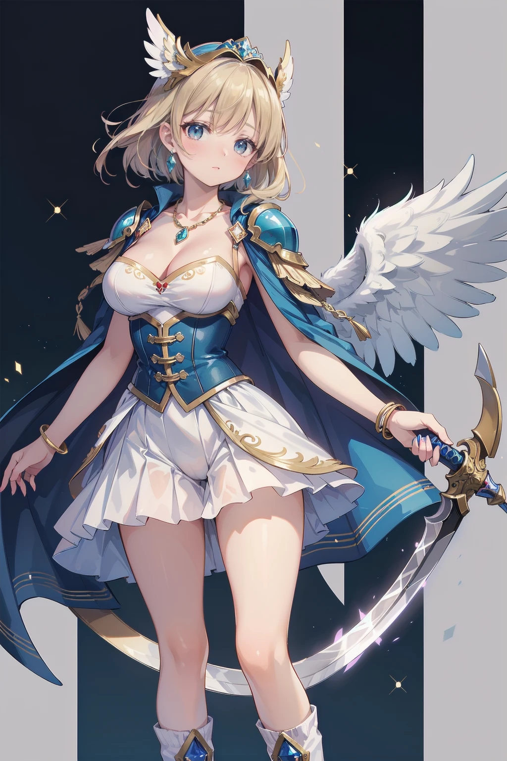 One young and beautiful woman,(Highest quality,Extremely detailed depiction,Incredible high resolution,Anatomically accurate depiction,Curvy Legs),(Glowing Skin,Glowing Skin),(A female swordsman with a noble aura),(Blue Armor,Blue Boots,Metal embroidery,Transparent gemstones and precious metals decoration,Exquisite armor detailing,Holy sword,Valkyrie Helmet,Cape,White tights),(blue eyes,Half-closed eyes:1.3,Shadowed face,lipstick,There is cleavage in the chest,Cool look),eyelash,Luxury Accessories,Earrings,necklace,bracelet,Standing posture