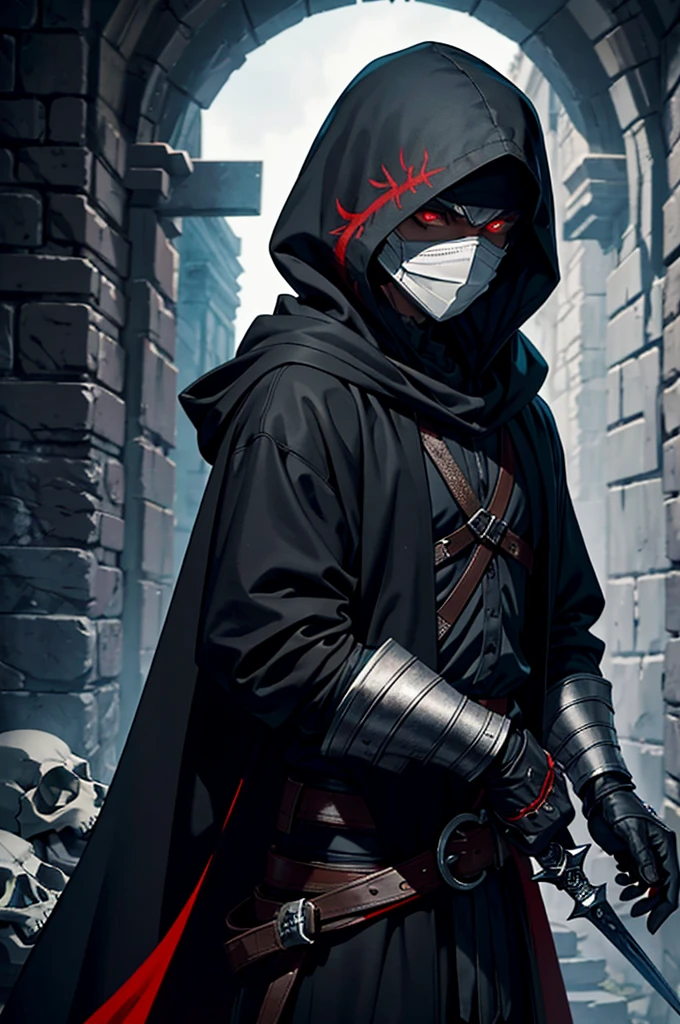 An assassin, male, fantasy character, physically strong, wearing a skull mask covering his face and eyes, dressed in black medieval attire, with a white hooded cloak over it, gray hair, short hair, red eyes, holding a dagger, nighttime background.