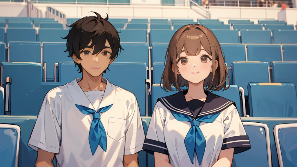 The background is the seats at an outdoor baseball stadium in midsummer.、Upper body of a duo of a man and a woman wearing summer sailor uniforms2shot。The first person is a woman who is short, , cute, has light brown hair, and straight bangs.。The second man is tall with short black hair.。They are both smiling and looking at me with cute boos.。There is a height difference between men and women, with men being taller。
