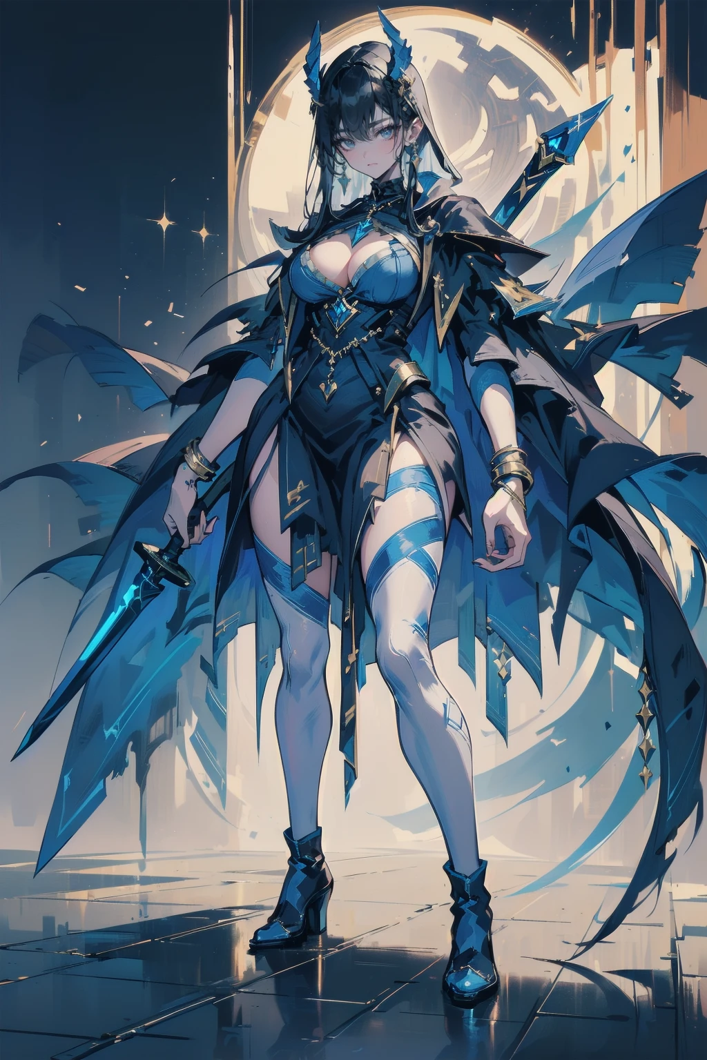 One young and beautiful woman,(Highest quality,Extremely detailed depiction,Incredible high resolution,Anatomically accurate depiction,Curvy Legs),(Glowing Skin,Glowing Skin),(A female swordsman with a noble aura),(Blue Armor,Blue Boots,Metal embroidery,Transparent gemstones and precious metals decoration,Exquisite armor detailing,Holy sword,Valkyrie Helmet,Cape,White tights),(blue eyes,Half-closed eyes:1.3,Shadowed face,lipstick,There is cleavage in the chest,Cool look),eyelash,Luxury Accessories,Earrings,necklace,bracelet,Standing posture