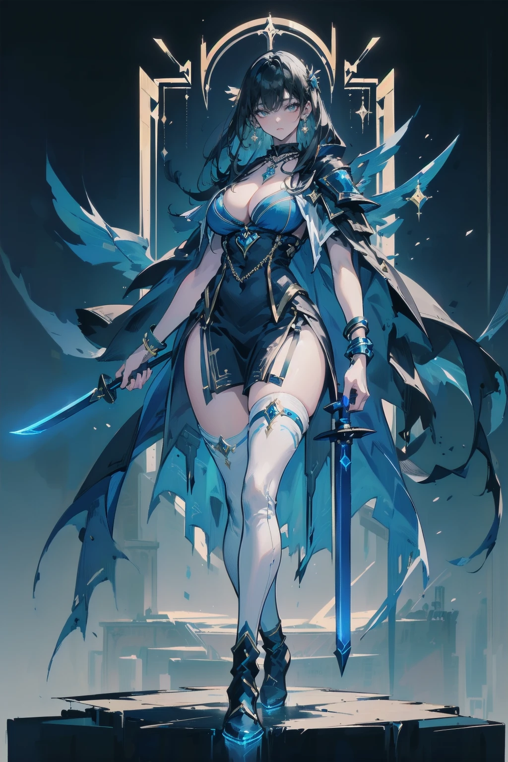 One young and beautiful woman,(Highest quality,Extremely detailed depiction,Incredible high resolution,Anatomically accurate depiction,Curvy Legs),(Glowing Skin,Glowing Skin),(A female swordsman with a noble aura),(Blue Armor,Blue Boots,Metal embroidery,Transparent gemstones and precious metals decoration,Exquisite armor detailing,Holy sword,Valkyrie Helmet,Cape,White tights),(blue eyes,Half-closed eyes:1.3,Shadowed face,lipstick,There is cleavage in the chest,Cool look),eyelash,Luxury Accessories,Earrings,necklace,bracelet,Standing posture