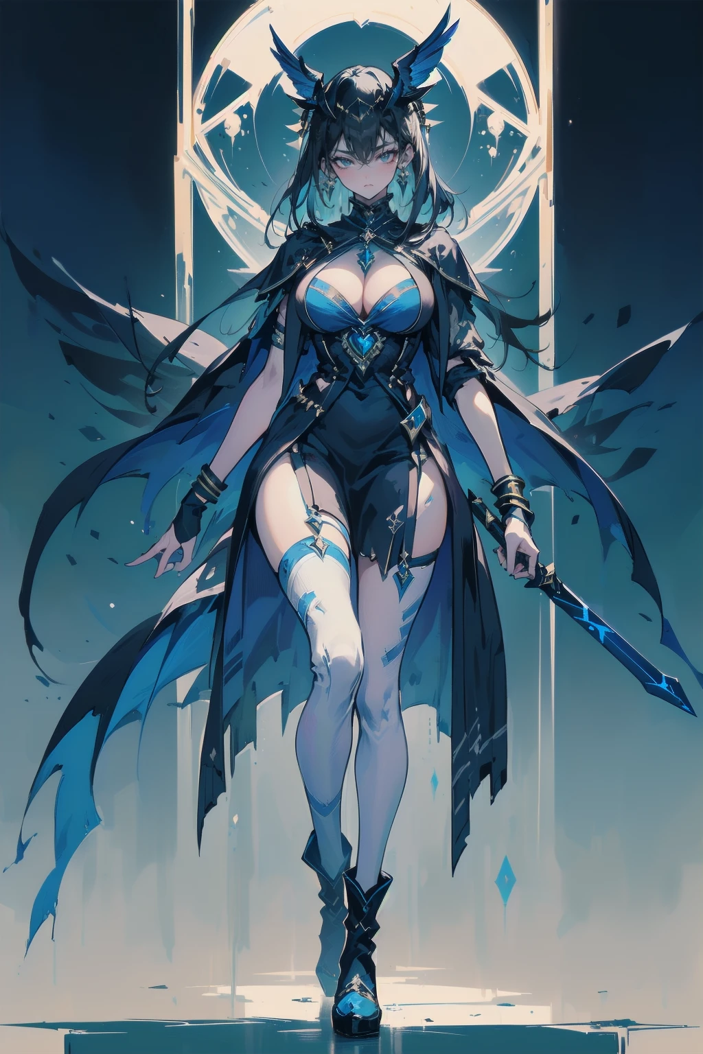 One young and beautiful woman,(Highest quality,Extremely detailed depiction,Incredible high resolution,Anatomically accurate depiction,Curvy Legs),(Glowing Skin,Glowing Skin),(A female swordsman with a noble aura),(Blue Armor,Blue Boots,Metal embroidery,Transparent gemstones and precious metals decoration,Exquisite armor detailing,Holy sword,Valkyrie Helmet,Cape,White tights),(blue eyes,Half-closed eyes:1.3,Shadowed face,lipstick,There is cleavage in the chest,Cool look),eyelash,Luxury Accessories,Earrings,necklace,bracelet,Standing posture