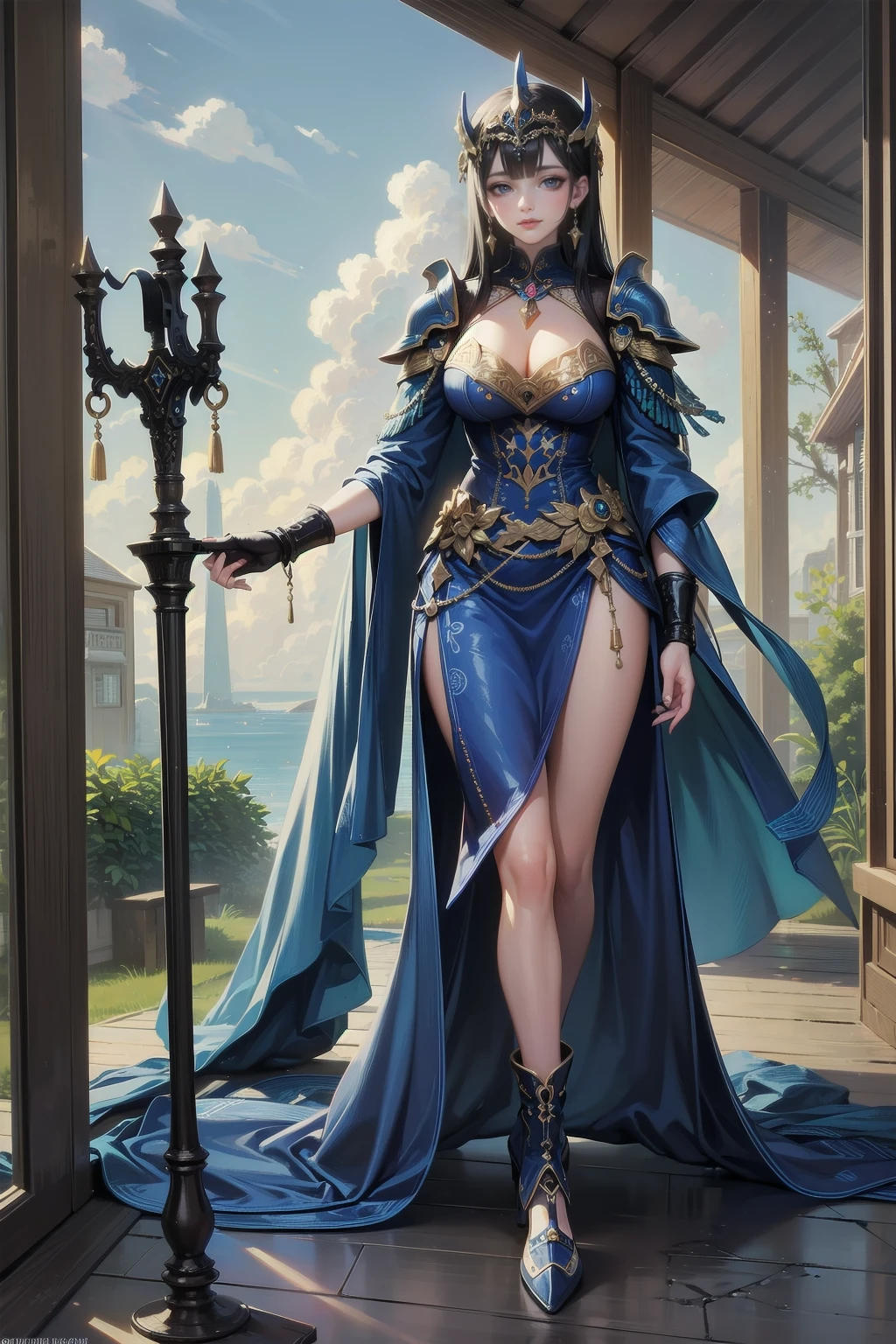 One young and beautiful woman,(Highest quality,Extremely detailed depiction,Incredible high resolution,Anatomically accurate depiction,Curvy Legs),(Glowing Skin,Glowing Skin),(A female swordsman with a noble aura),(Blue Armor,Blue Boots,Metal embroidery,Transparent gemstones and precious metals decoration,Exquisite armor detailing,Holy sword,Valkyrie Helmet,Cape,White tights),(blue eyes,Half-closed eyes:1.3,Shadowed face,lipstick,There is cleavage in the chest,Cool look),eyelash,Luxury Accessories,Earrings,necklace,bracelet,Standing posture