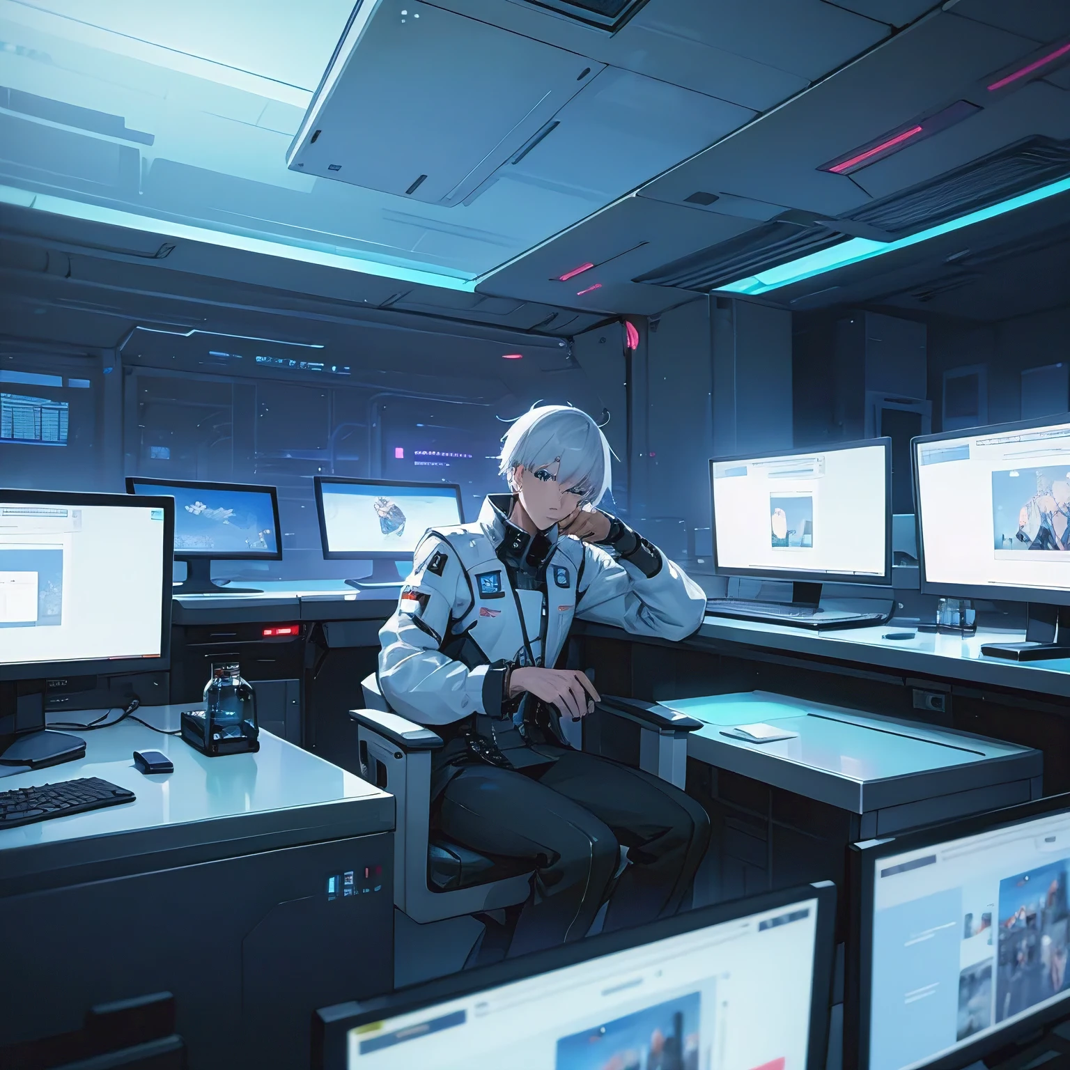 a closeup of a room with several monitors and a desk, a computer rendering by Sebastian Vrancx, pexels, Digital art, Navigation Command Center, High-tech spaceship interior., Futuristic government chambers, futuristic environment, Inside a futuristic military base, technological screens, futuristic spaceship interior, in a futuristic laboratory room, science fiction interior, Cyberspace, white-haired-blue-eyed boy sitting