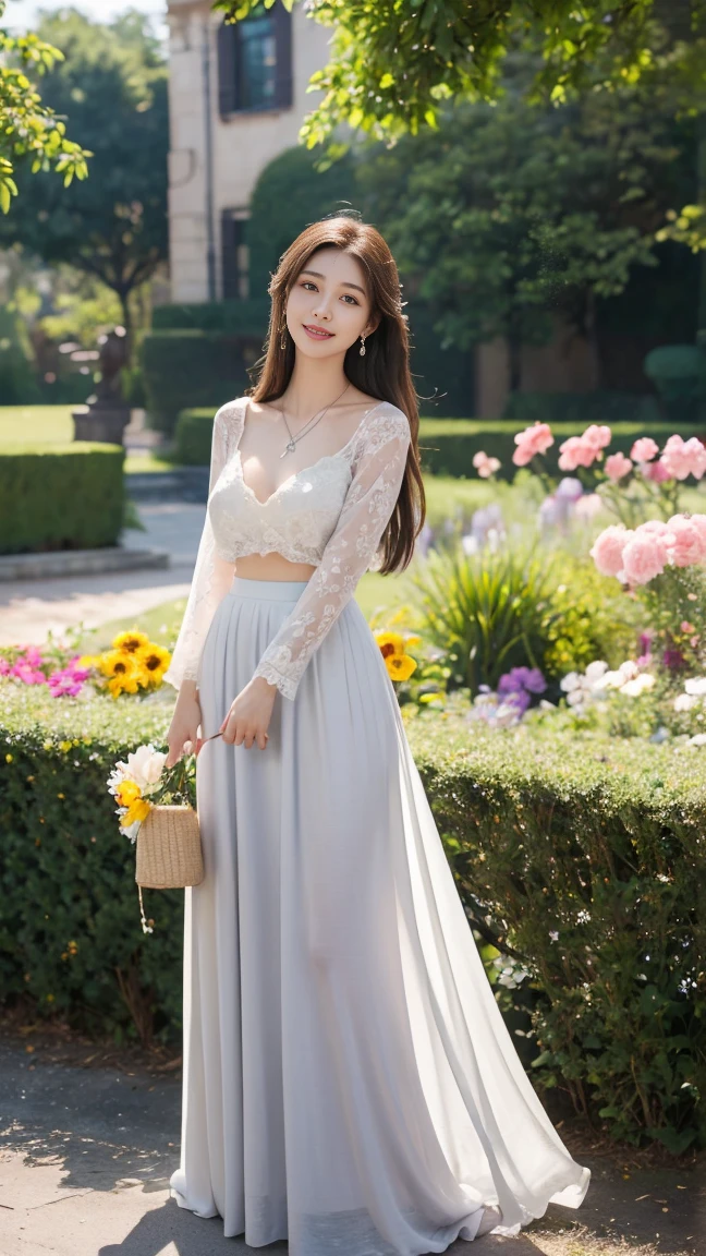 (Highest quality、 8k 、masterpiece、High resolution)、wallpaper、Young Woman、Ample breasts、Beautiful clavicle、Slender beauty、(Brown hair medium、My hair is blowing in the wind、Flows backwards)、whole body、 (Beautiful Face,Beautiful Eyes,Beautiful nose,Pretty lips)、(Flower Earrings、silver heart pendant necklace)、(Feminine Style、3/4 Sleeve Lace Blouse、See-through long skirt)、Her mouth opens slightly and a smile appears.、Dynamic pose、Outdoor、garden、Colorful flowers、looking at the camera、Professional Lighting、Professional photographer、