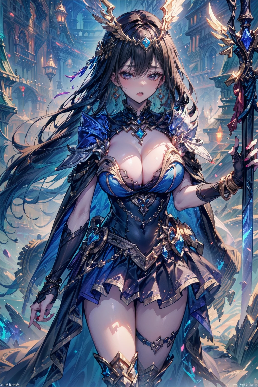 One young and beautiful woman,(Highest quality,Extremely detailed depiction,Incredible high resolution,Anatomically accurate depiction,Curvy Legs),(Glowing Skin,Glowing Skin),(A female swordsman with a noble aura),(Blue Armor,Blue Boots,Metal embroidery,Transparent gemstones and precious metals decoration,Exquisite armor detailing,Holy sword,Valkyrie Helmet,Cape,White tights),(blue eyes,Half-closed eyes:1.3,Shadowed face,lipstick,There is cleavage in the chest,Cool look),eyelash,Luxury Accessories,Earrings,necklace,bracelet,Standing posture