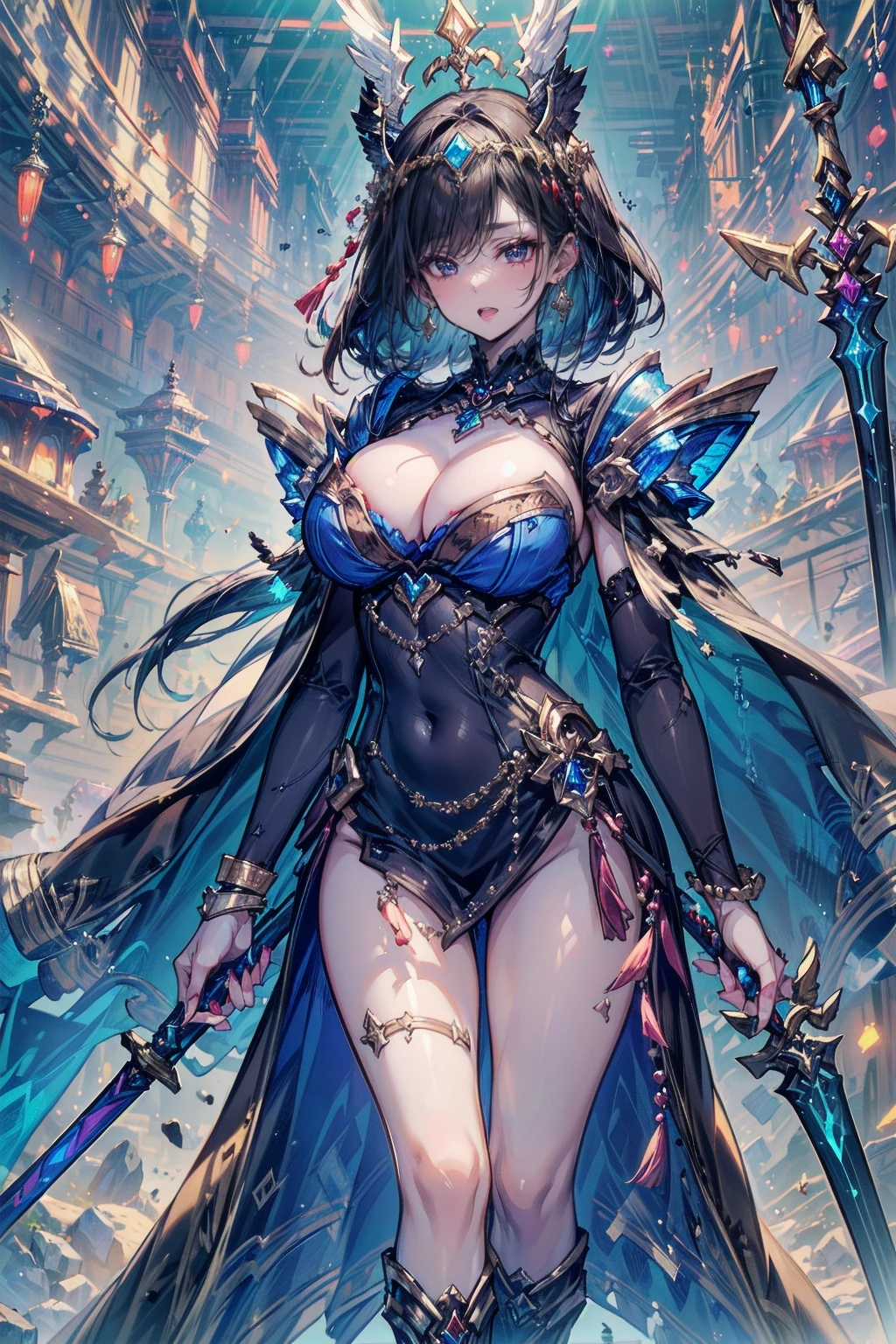 One young and beautiful woman,(Highest quality,Extremely detailed depiction,Incredible high resolution,Anatomically accurate depiction,Curvy Legs),(Glowing Skin,Glowing Skin),(A female swordsman with a noble aura),(Blue Armor,Blue Boots,Metal embroidery,Transparent gemstones and precious metals decoration,Exquisite armor detailing,Holy sword,Valkyrie Helmet,Cape,White tights),(blue eyes,Half-closed eyes:1.3,Shadowed face,lipstick,There is cleavage in the chest,Cool look),eyelash,Luxury Accessories,Earrings,necklace,bracelet,Standing posture